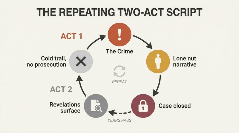 Circular diagram showing a repeating cycle where a crime is immediately closed with a lone-nut narrative, revelations surface years later onto a cold trail, and the script resets.