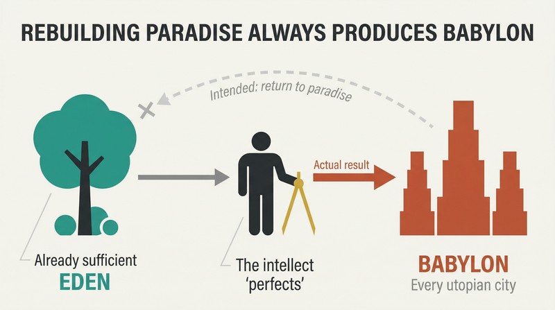 Three-stage horizontal flow showing Eden as sufficient origin, human intellect as the transforming mechanism, and Babylon as the ironic result of attempting to perfect nature.