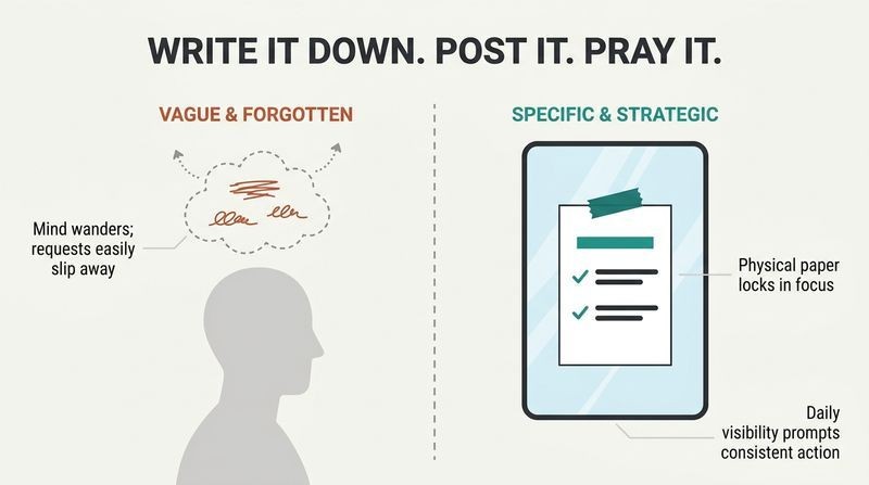 A split-panel diagram contrasting a scattered, easily forgotten mental prayer with a structured, written prayer card taped to a mirror.