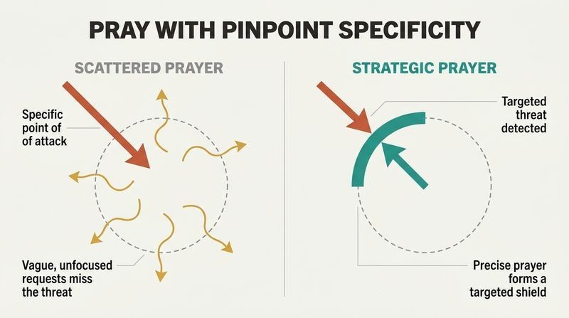 A split-panel infographic comparing ineffective, scattered prayers that miss an incoming attack with strategic, pinpoint prayers that create a targeted shield against specific vulnerabilities.
