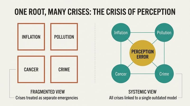 Split panel diagram comparing the outdated, fragmented worldview of isolated crises on the left to an interconnected, systemic ecological network on the right.