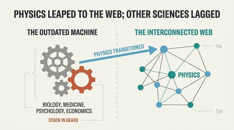 Split diagram showing the outdated mechanistic machine paradigm on the left and the modern interconnected web paradigm on the right, highlighting that physics transitioned while biology, medicine, psychology, and economics remained stuck.