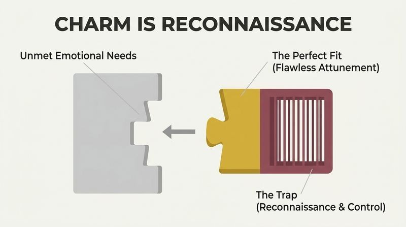 A conceptual diagram showing a puzzle piece representing a batterer's charm sliding into a lock representing a victim's emotional needs, with the front edge of the piece mimicking the lock perfectly while the back of the piece reveals a hidden cage trap.