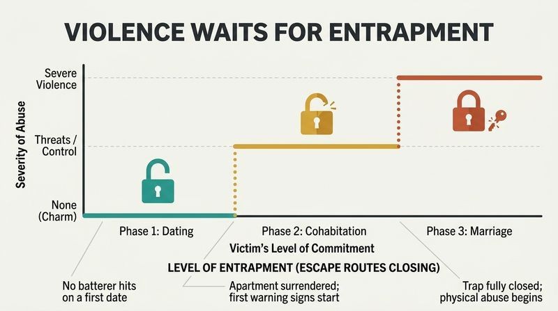 Step chart showing how abuse remains hidden as charm during dating, turning to threats upon moving in, and spiking to physical violence only after marriage.