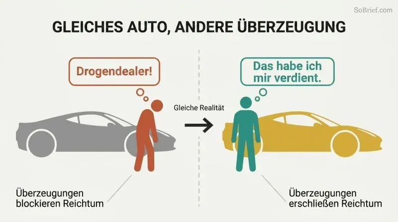 Split panel showing a bitter figure judging a Ferrari on the left versus the same figure confidently owning that Ferrari on the right, separated by a belief-shift divider.