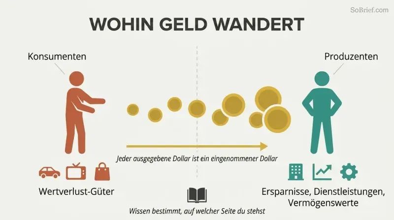 Directional flow diagram showing money as gold coins streaming from a spender figure surrounded by depreciating items toward a producer figure building assets.