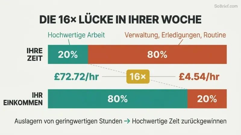 Two stacked horizontal bars comparing time spent versus income earned, revealing that 20% of hours generate 80% of income at 16 times the hourly rate.