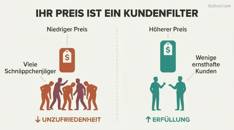 Split panel comparing low pricing that attracts bargain hunters and breeds resentment versus higher pricing that attracts serious clients and builds fulfillment.
