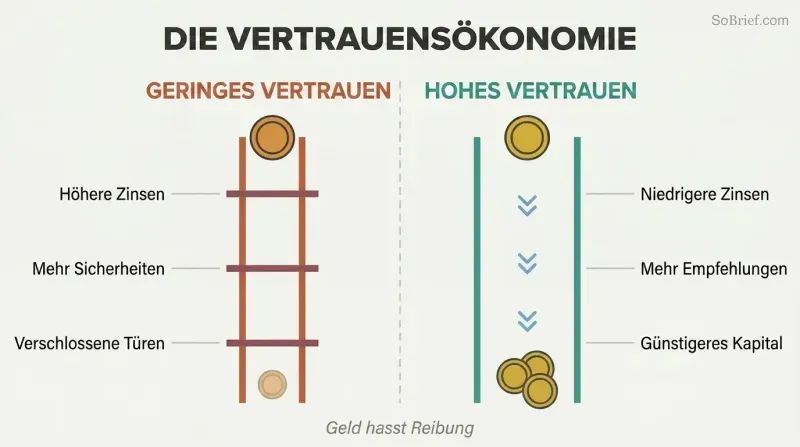 Split panel comparing low trust on the left with high friction and costs against high trust on the right with open doors and lower costs.
