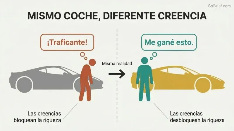 Split panel showing a bitter figure judging a Ferrari on the left versus the same figure confidently owning that Ferrari on the right, separated by a belief-shift divider.