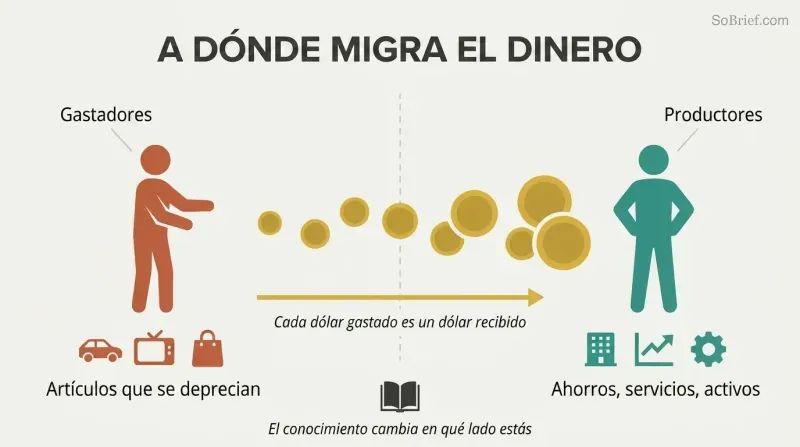 Directional flow diagram showing money as gold coins streaming from a spender figure surrounded by depreciating items toward a producer figure building assets.