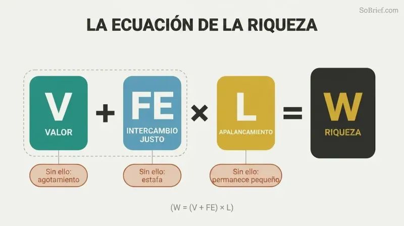 Visual equation showing Value plus Fair Exchange multiplied by Leverage equals Wealth, with failure modes noted beneath each component.