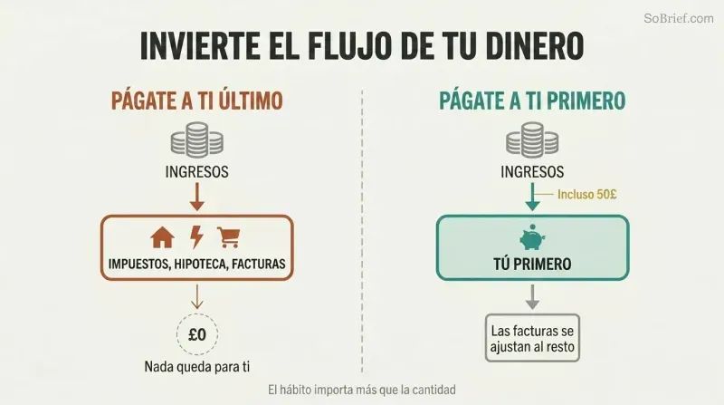 Split panel comparing two money flows: paying bills first leaves nothing, while paying yourself first forces bills into the remainder.