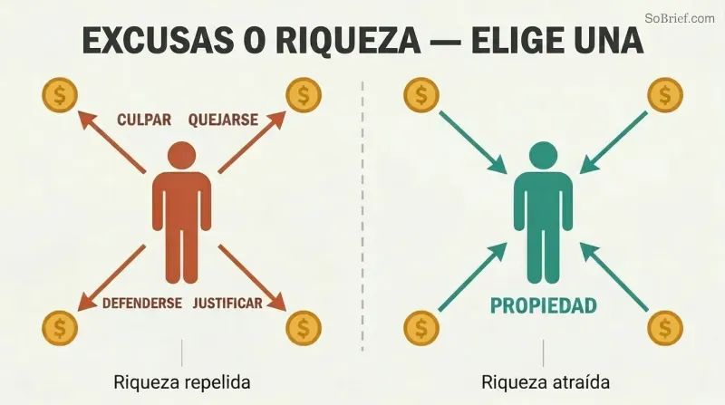 Split panel comparing four excuse behaviors repelling money symbols away versus ownership attracting money symbols inward.