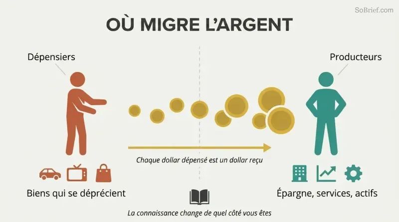 Directional flow diagram showing money as gold coins streaming from a spender figure surrounded by depreciating items toward a producer figure building assets.
