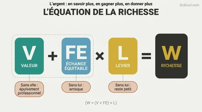 Visual equation showing Value plus Fair Exchange multiplied by Leverage equals Wealth, with failure modes noted beneath each component.