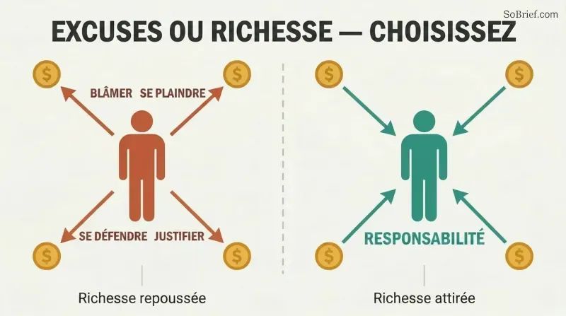 Split panel comparing four excuse behaviors repelling money symbols away versus ownership attracting money symbols inward.