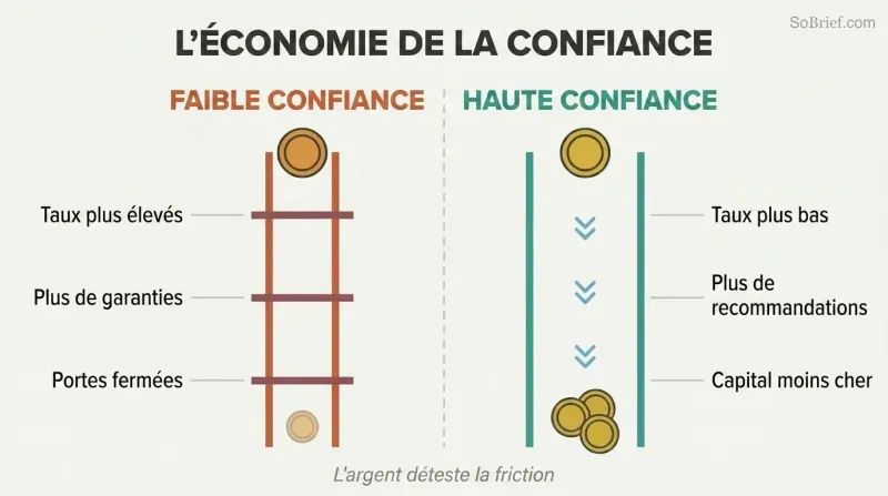 Split panel comparing low trust on the left with high friction and costs against high trust on the right with open doors and lower costs.