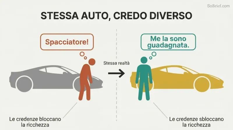 Split panel showing a bitter figure judging a Ferrari on the left versus the same figure confidently owning that Ferrari on the right, separated by a belief-shift divider.