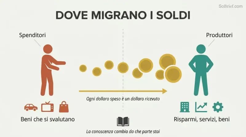 Directional flow diagram showing money as gold coins streaming from a spender figure surrounded by depreciating items toward a producer figure building assets.