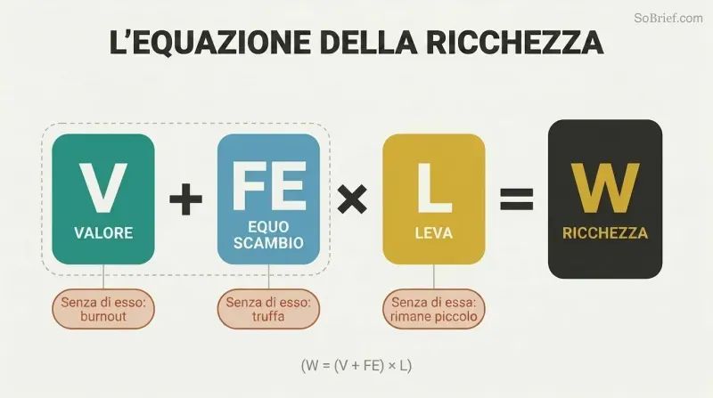 Visual equation showing Value plus Fair Exchange multiplied by Leverage equals Wealth, with failure modes noted beneath each component.