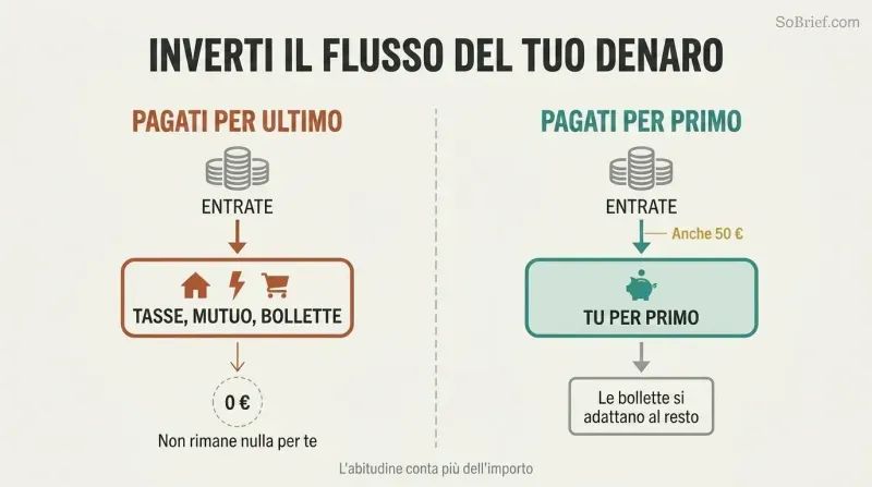 Split panel comparing two money flows: paying bills first leaves nothing, while paying yourself first forces bills into the remainder.