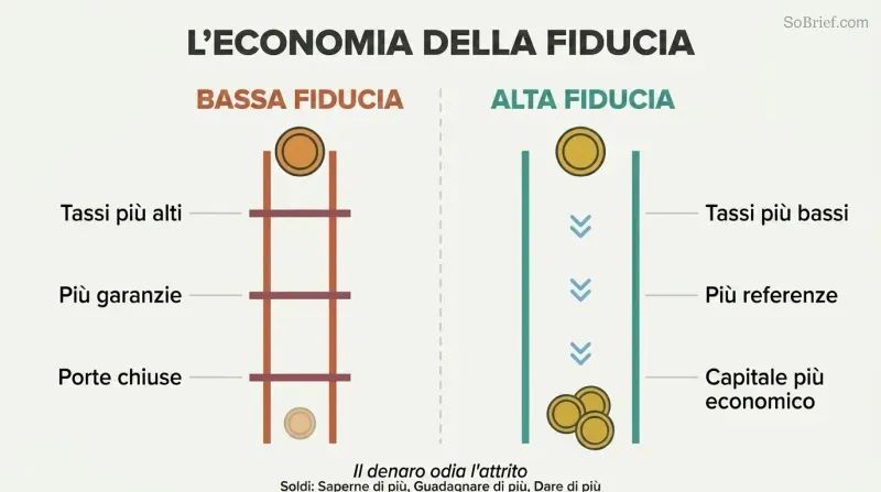 Split panel comparing low trust on the left with high friction and costs against high trust on the right with open doors and lower costs.