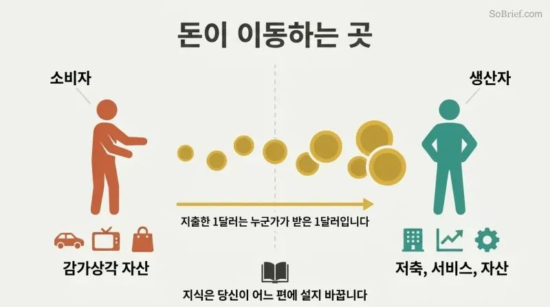 Directional flow diagram showing money as gold coins streaming from a spender figure surrounded by depreciating items toward a producer figure building assets.