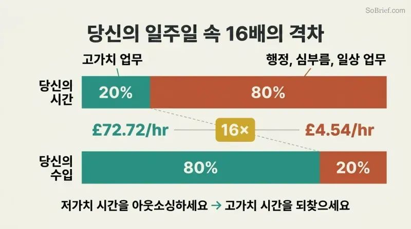 Two stacked horizontal bars comparing time spent versus income earned, revealing that 20% of hours generate 80% of income at 16 times the hourly rate.