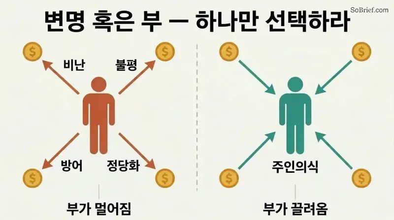 Split panel comparing four excuse behaviors repelling money symbols away versus ownership attracting money symbols inward.