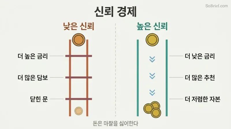 Split panel comparing low trust on the left with high friction and costs against high trust on the right with open doors and lower costs.