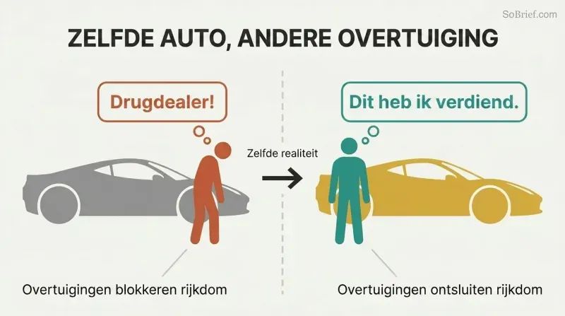Split panel showing a bitter figure judging a Ferrari on the left versus the same figure confidently owning that Ferrari on the right, separated by a belief-shift divider.
