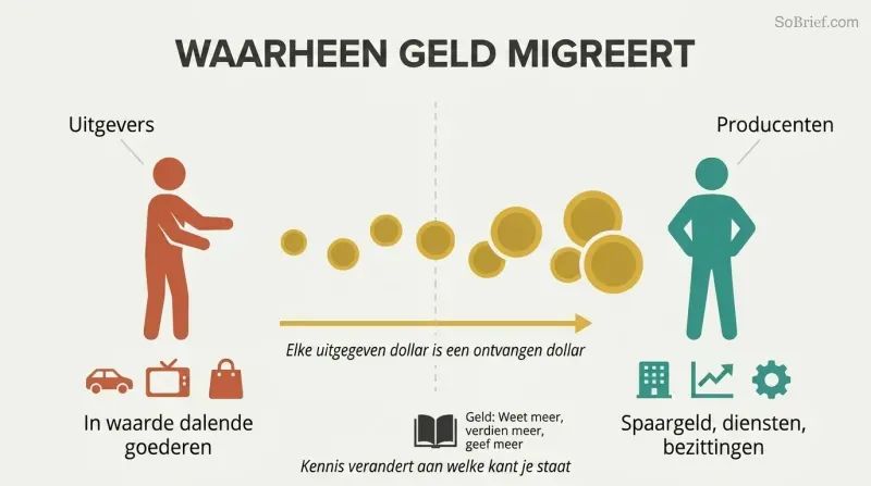 Directional flow diagram showing money as gold coins streaming from a spender figure surrounded by depreciating items toward a producer figure building assets.