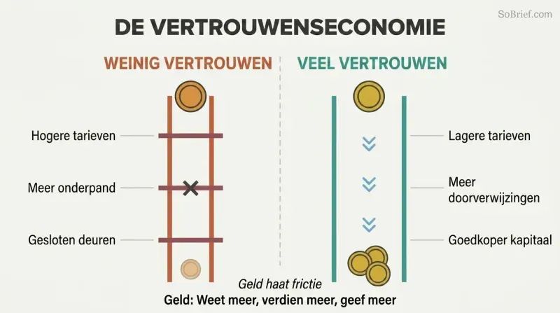 Split panel comparing low trust on the left with high friction and costs against high trust on the right with open doors and lower costs.