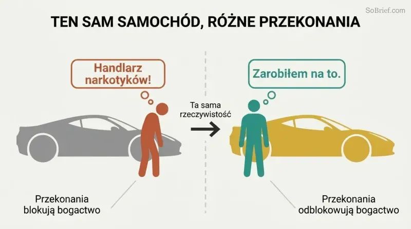 Split panel showing a bitter figure judging a Ferrari on the left versus the same figure confidently owning that Ferrari on the right, separated by a belief-shift divider.