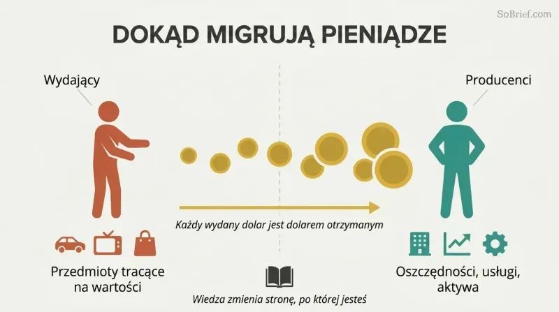 Directional flow diagram showing money as gold coins streaming from a spender figure surrounded by depreciating items toward a producer figure building assets.