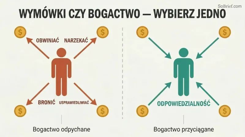 Split panel comparing four excuse behaviors repelling money symbols away versus ownership attracting money symbols inward.