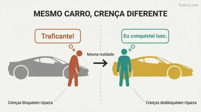 Split panel showing a bitter figure judging a Ferrari on the left versus the same figure confidently owning that Ferrari on the right, separated by a belief-shift divider.