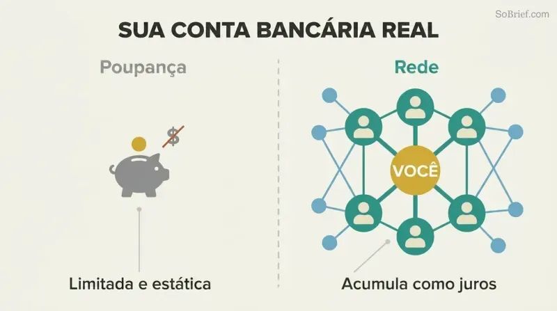 Split comparison showing a small static piggy bank on the left versus an expansive network of connected people nodes on the right, illustrating that relationships outvalue savings.