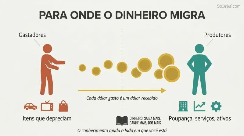 Directional flow diagram showing money as gold coins streaming from a spender figure surrounded by depreciating items toward a producer figure building assets.