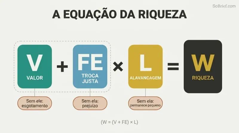 Visual equation showing Value plus Fair Exchange multiplied by Leverage equals Wealth, with failure modes noted beneath each component.