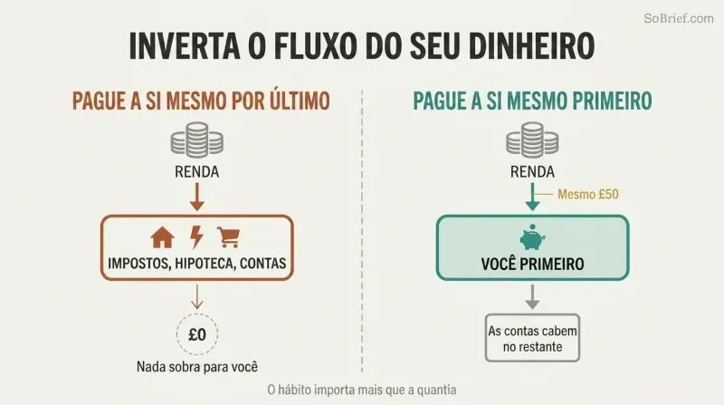 Split panel comparing two money flows: paying bills first leaves nothing, while paying yourself first forces bills into the remainder.