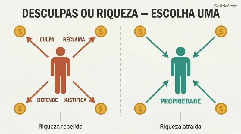 Split panel comparing four excuse behaviors repelling money symbols away versus ownership attracting money symbols inward.