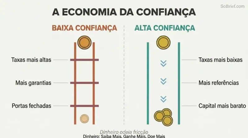 Split panel comparing low trust on the left with high friction and costs against high trust on the right with open doors and lower costs.
