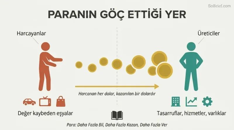 Directional flow diagram showing money as gold coins streaming from a spender figure surrounded by depreciating items toward a producer figure building assets.