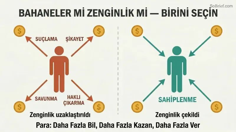 Split panel comparing four excuse behaviors repelling money symbols away versus ownership attracting money symbols inward.