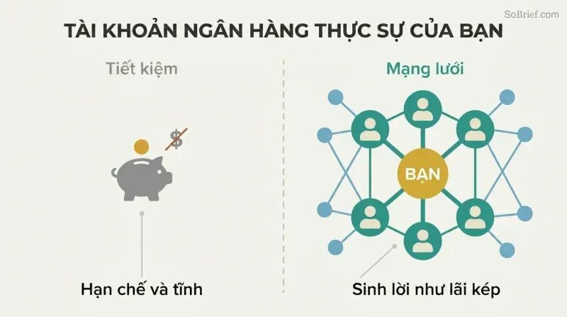 Split comparison showing a small static piggy bank on the left versus an expansive network of connected people nodes on the right, illustrating that relationships outvalue savings.