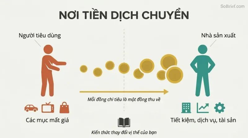 Directional flow diagram showing money as gold coins streaming from a spender figure surrounded by depreciating items toward a producer figure building assets.
