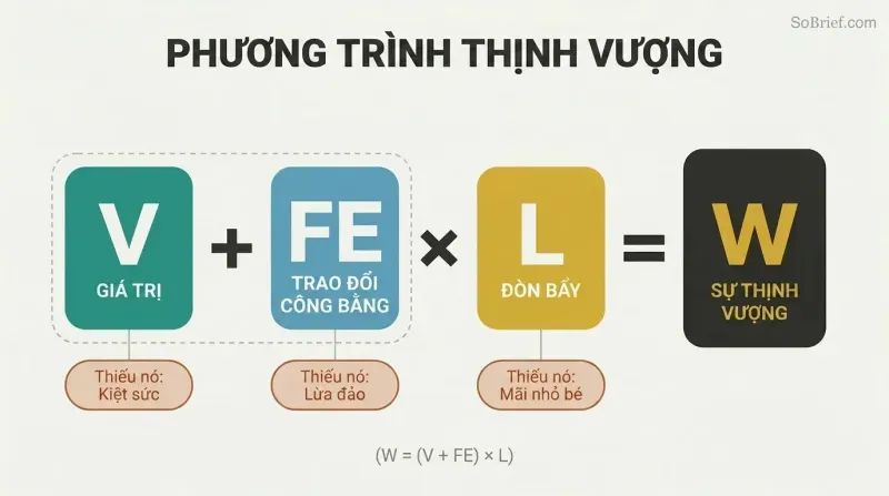 Visual equation showing Value plus Fair Exchange multiplied by Leverage equals Wealth, with failure modes noted beneath each component.