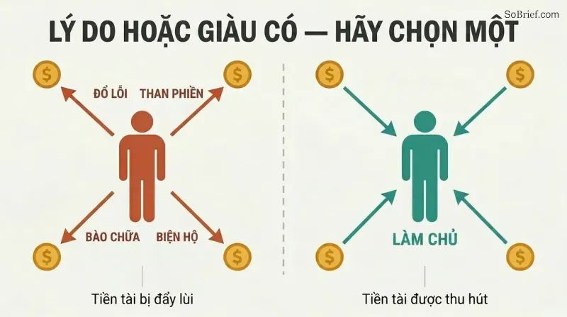 Split panel comparing four excuse behaviors repelling money symbols away versus ownership attracting money symbols inward.